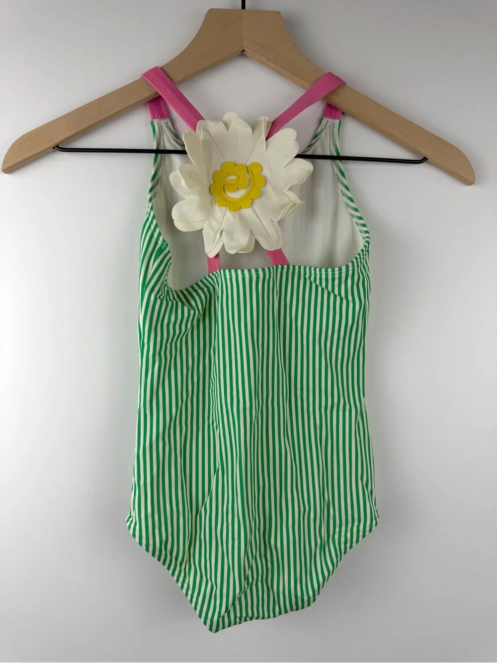 Mini Boden Girls 6-7 Green Striped Daisy Flower Swimsuit